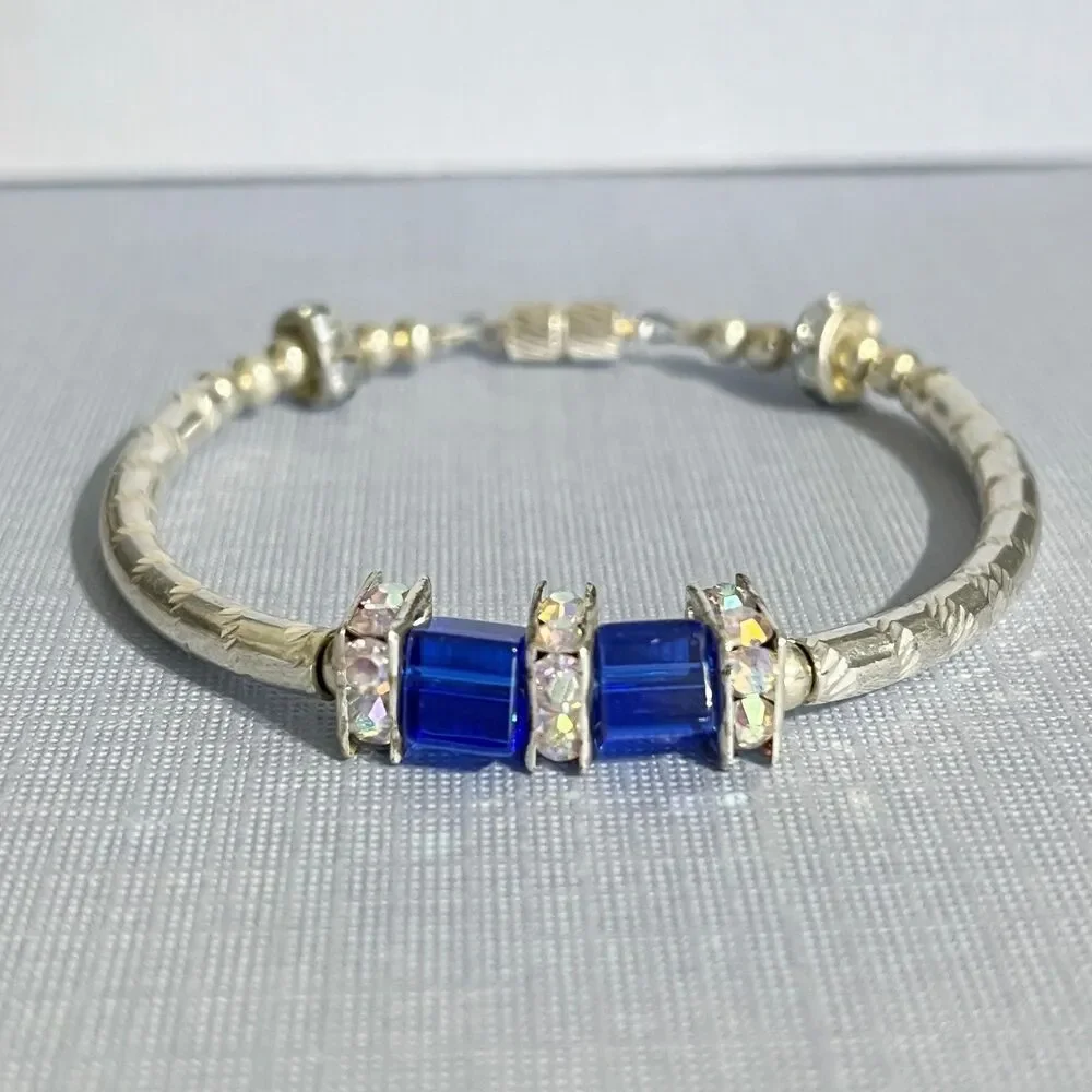 Vintage Bracelet Silver Tone Curved Metal Tube Bead Blue Square Aurora Borealis